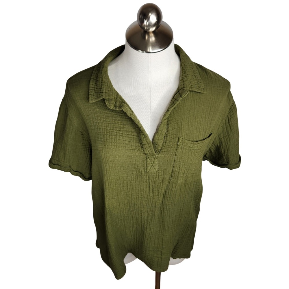 Lola River Gauze Top Women‎ Medium Green Short Sleeve V-Neck Pocket Cotton